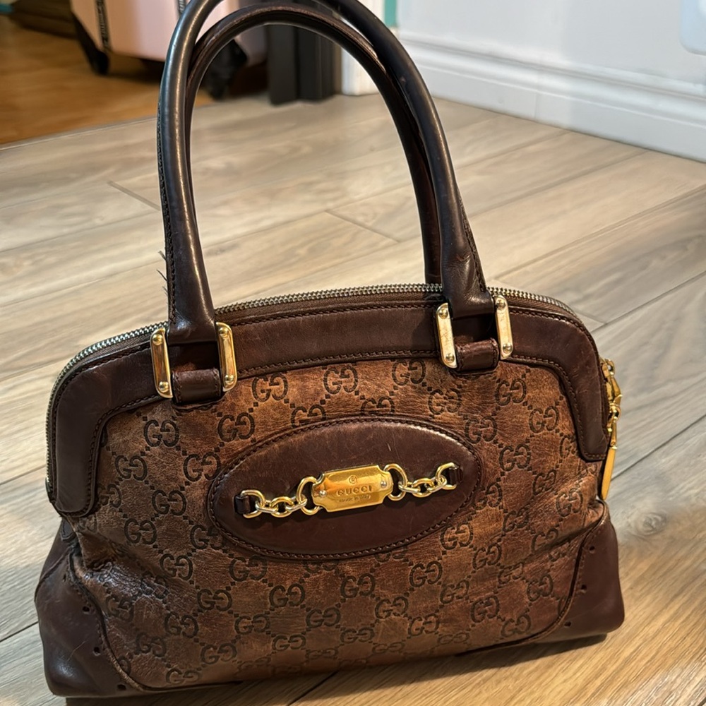 Vintage Gucci Brown Shoulder Bag with Gold Accents